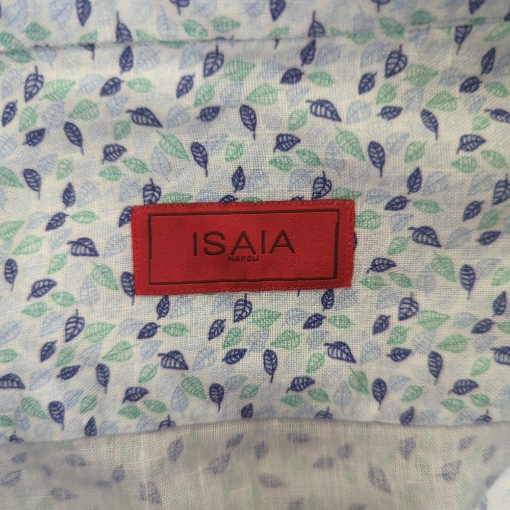 ISAIA NAPOLI Men's Blue Floral Print 100% Linen Button Down Dress‎ Shirt 15 38 - Picture 5 of 10